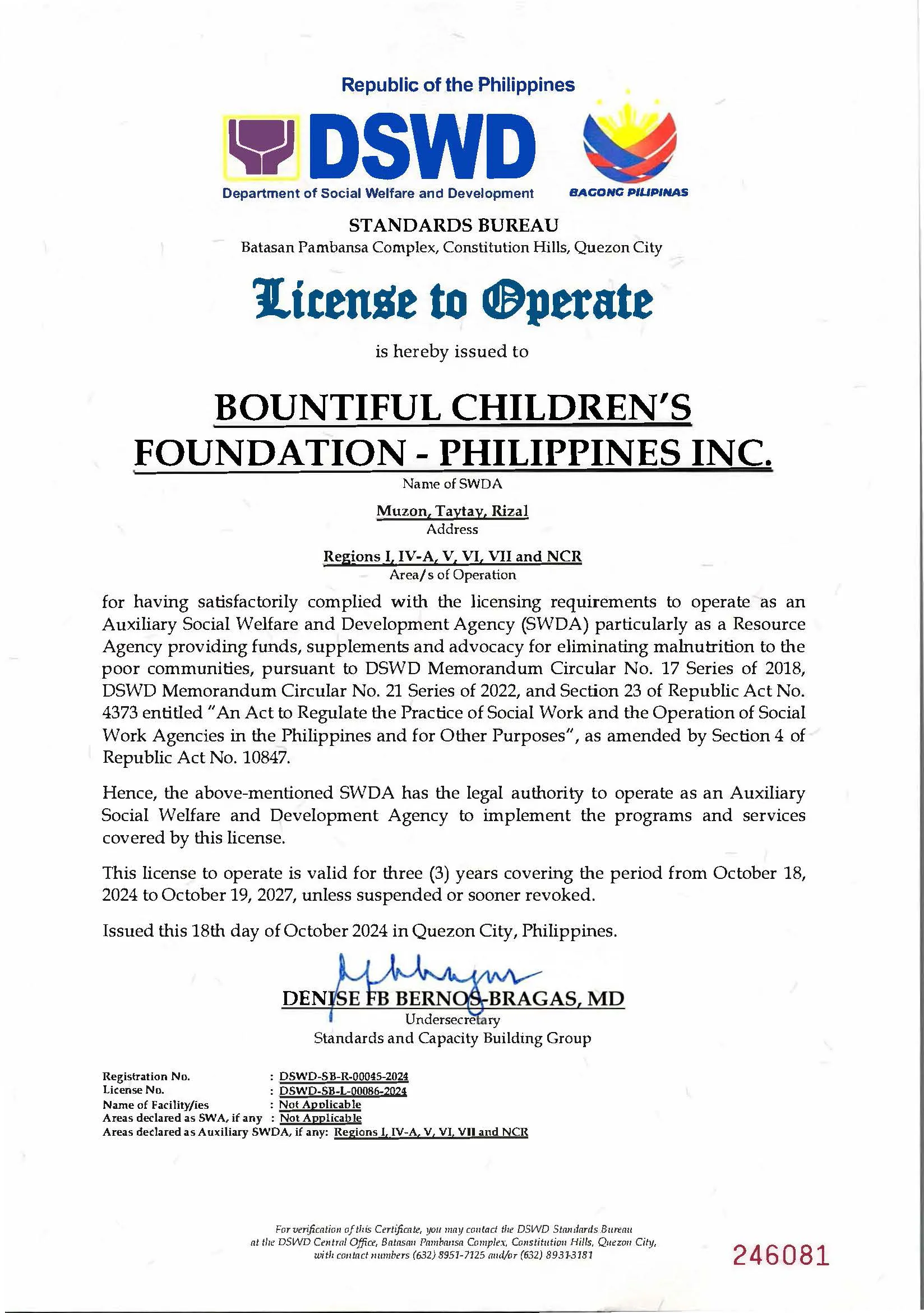 20241018 License to Operate - Bountiful Children's Foundation - Philippines